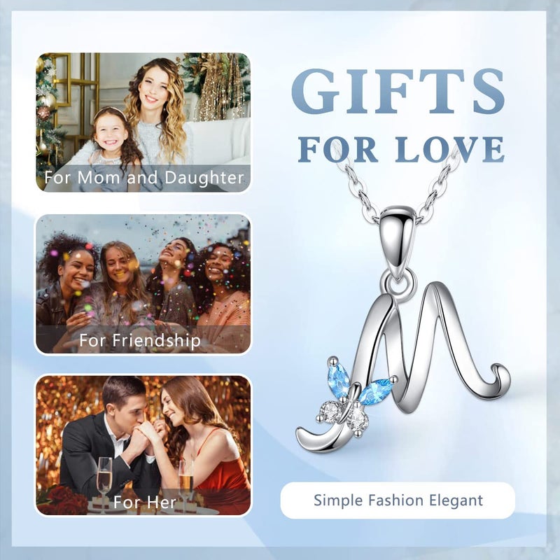 EUDORA Sterling Silver Initial M Necklaces for women Alphabet M Necklace Initial Personalized Letter M Pendant with Blue Cubic Zirconia Butterfly 18" Chain - Image 4